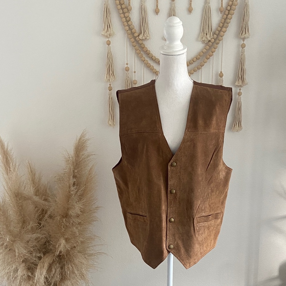 Vintage mens brown suede vest textured western gold tone snap cinch back large - Picture 2 of 16